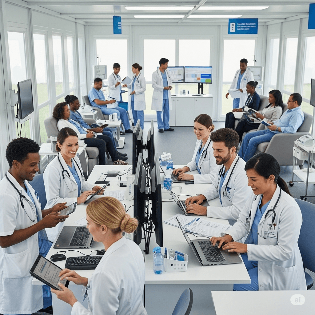 Modern medical camp with clinicians using tablets