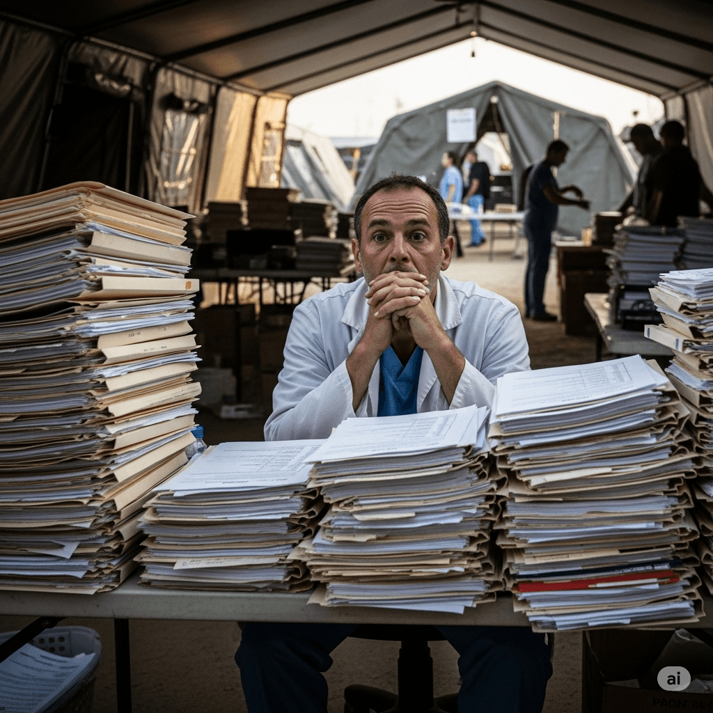 Frustrated doctor surrounded by stacks of paperwork